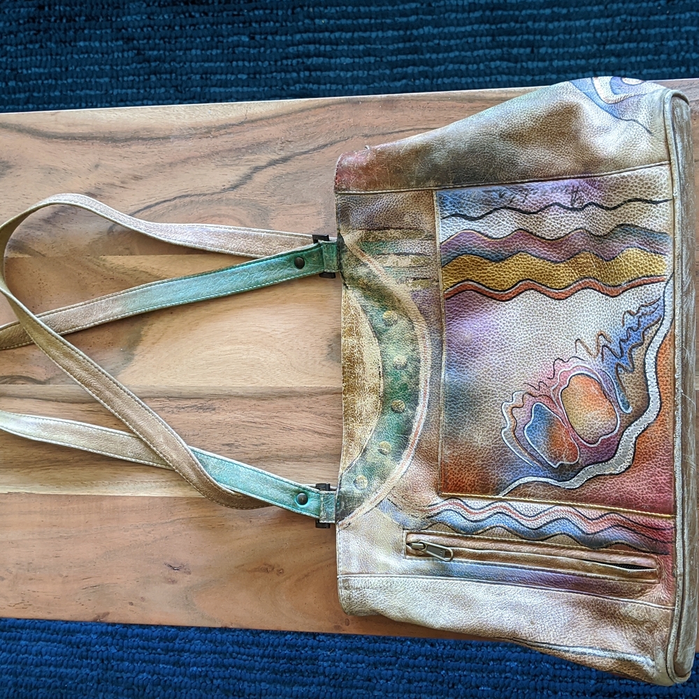 Anna by Anuschka Genuine Leather Large Tote Abstract Wavy Lines Hand Painted